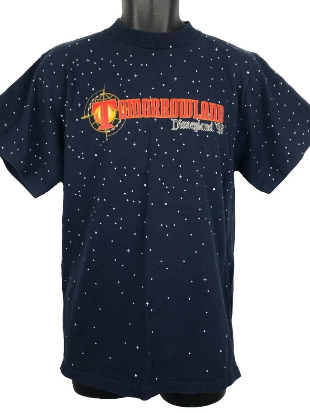 Vintage 90s Mickey Inc T-shirt Size M Navy Blue AOP Disneyland Tomorrowland